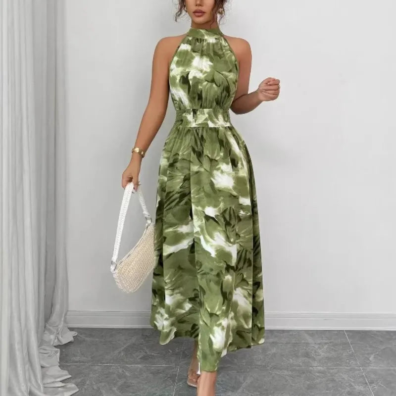 Women's Dress Fashion Print Spring Summer New Elegant Holiday Beach Dress Stand Collar Midi Sleeveless Dresses For Women Vestido