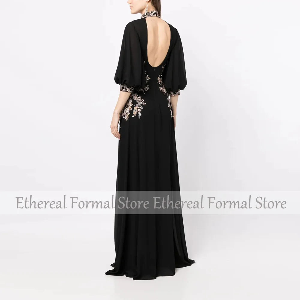 Modern Black Women's Evening Gown A Line Floor Length Formal Party Dress 3/4 Sleeves Saudi Dress Appliques Slit Prom Dress