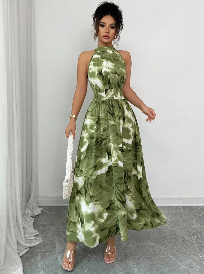 Women's Dress Fashion Print Spring Summer New Elegant Holiday Beach Dress Stand Collar Midi Sleeveless Dresses For Women Vestido
