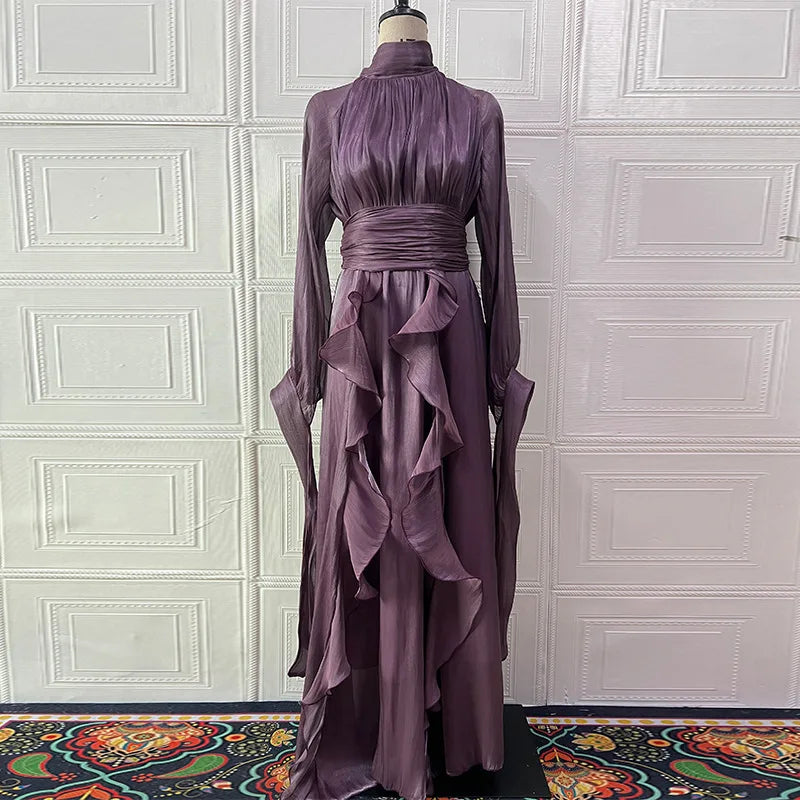 Women's Party Dresses Fashion High Waist Pleat Lady Casual High Collar Layered Banquet Dress Elegant Long Sleeve Evening Dress