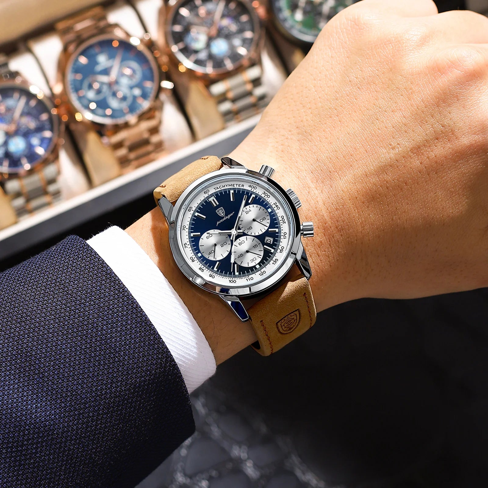 POEDAGAR Top Brand Men's Quartz Watch Waterproof Luminous Chronograph Military Man Watch Luxury Fashion Leather Watches For Men