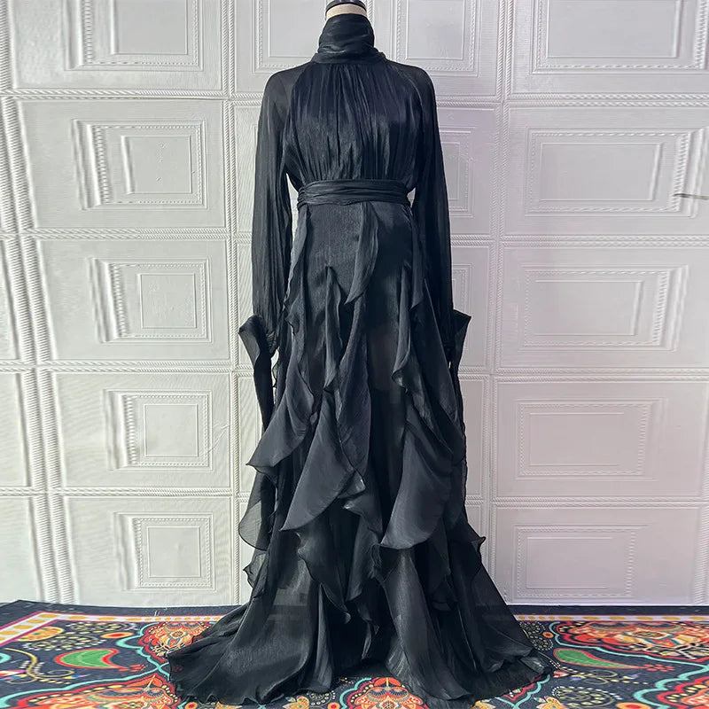 Women's Party Dresses Fashion High Waist Pleat Lady Casual High Collar Layered Banquet Dress Elegant Long Sleeve Evening Dress