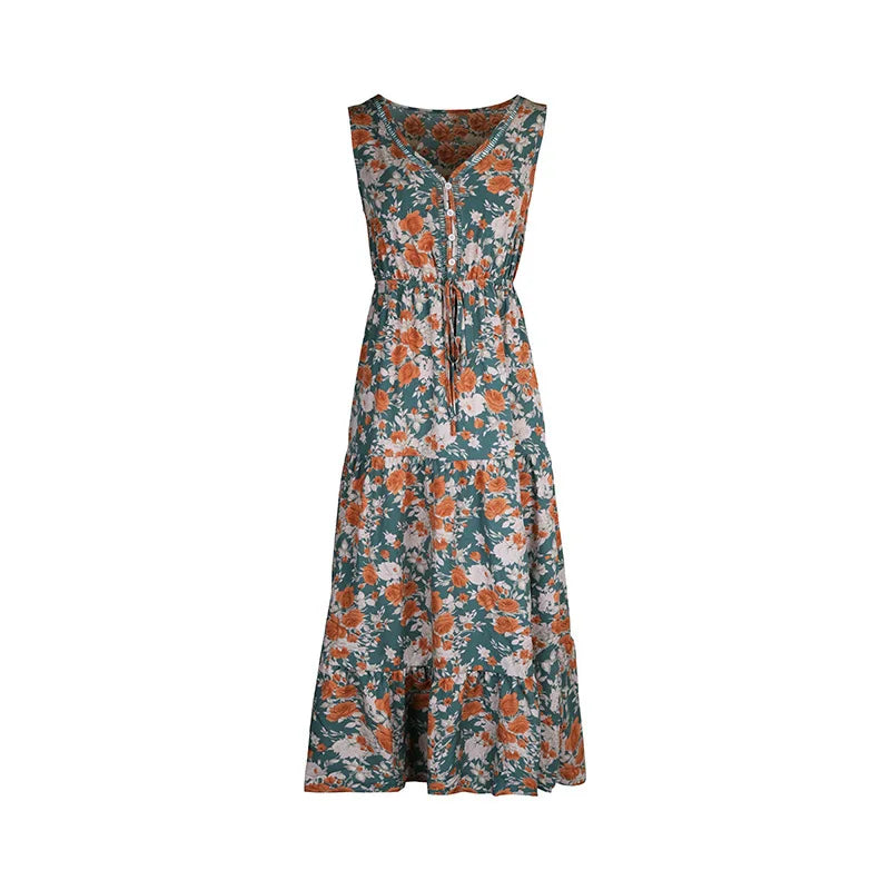 Elegant Floral Print Dress For Women Fashion  Bohemian Style Sleeveless Button Vestidos Female Casual V-neck A-line Dresses