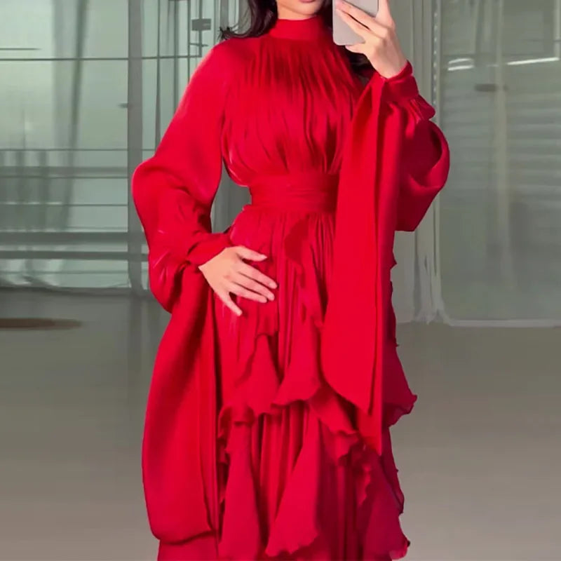 Women's Party Dresses Fashion High Waist Pleat Lady Casual High Collar Layered Banquet Dress Elegant Long Sleeve Evening Dress