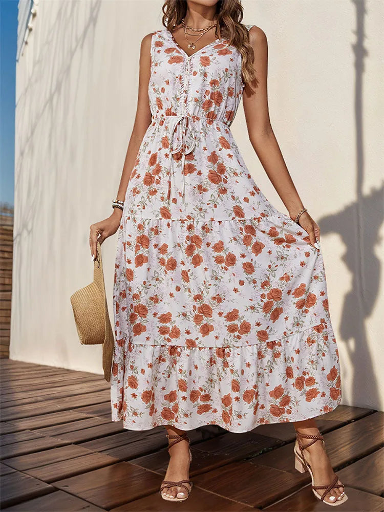 Elegant Floral Print Dress For Women Fashion  Bohemian Style Sleeveless Button Vestidos Female Casual V-neck A-line Dresses