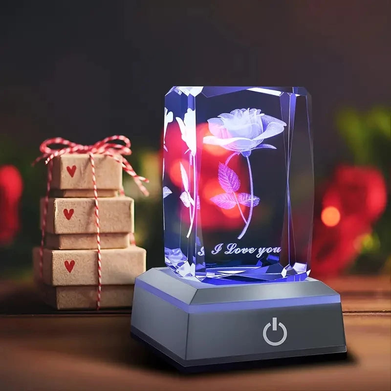 3D Rose Crystal LED Colorful Night Light, Birthday, Christmas, Valentine's Day Anniversary Gift for Girlfriend, Wife, and Mother