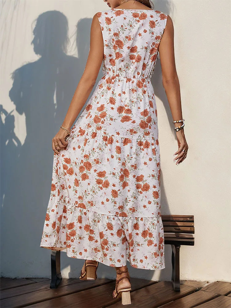 Elegant Floral Print Dress For Women Fashion  Bohemian Style Sleeveless Button Vestidos Female Casual V-neck A-line Dresses