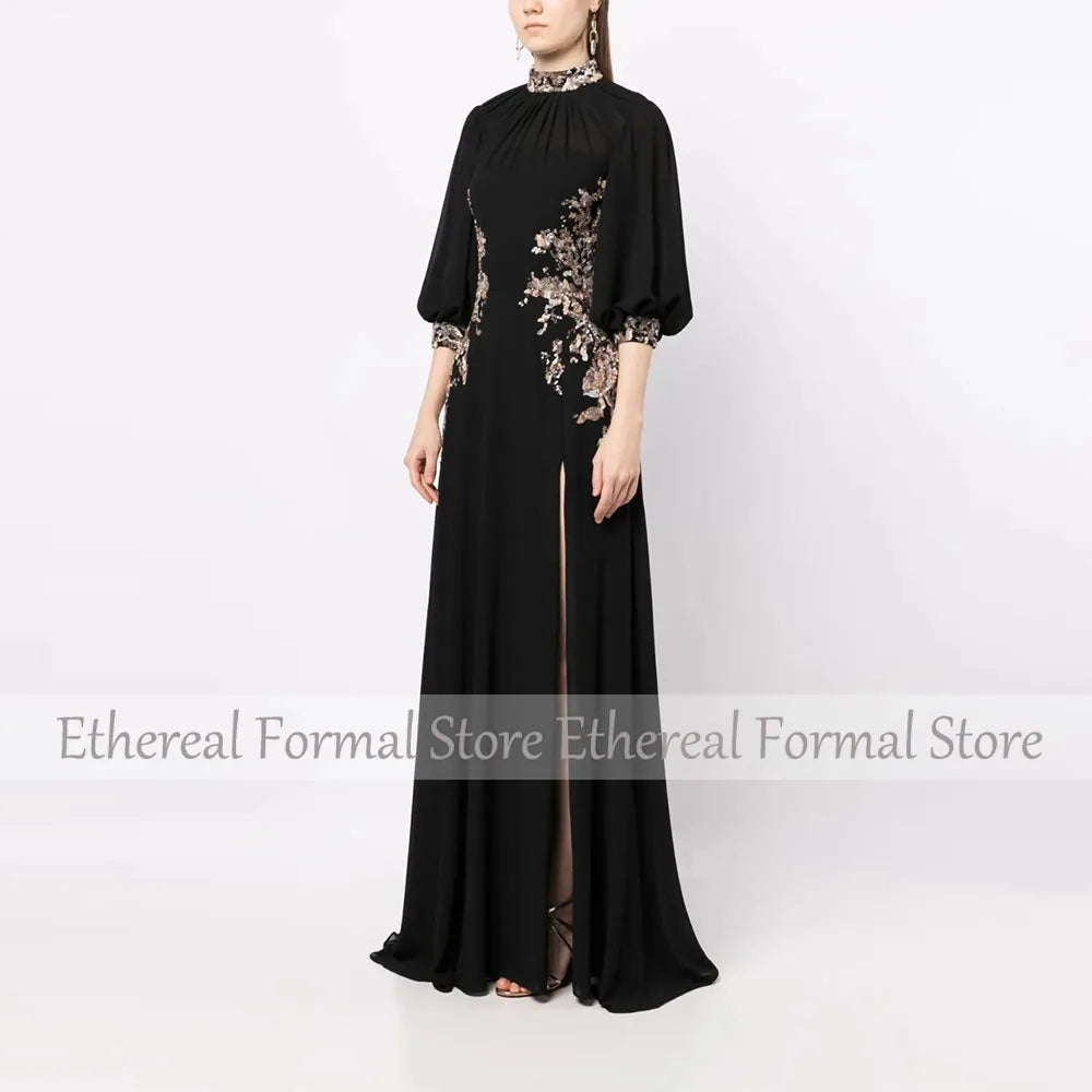 Modern Black Women's Evening Gown A Line Floor Length Formal Party Dress 3/4 Sleeves Saudi Dress Appliques Slit Prom Dress