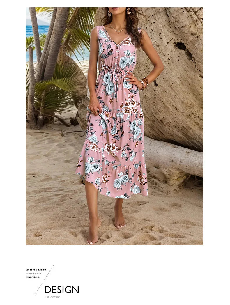 Elegant Floral Print Dress For Women Fashion  Bohemian Style Sleeveless Button Vestidos Female Casual V-neck A-line Dresses