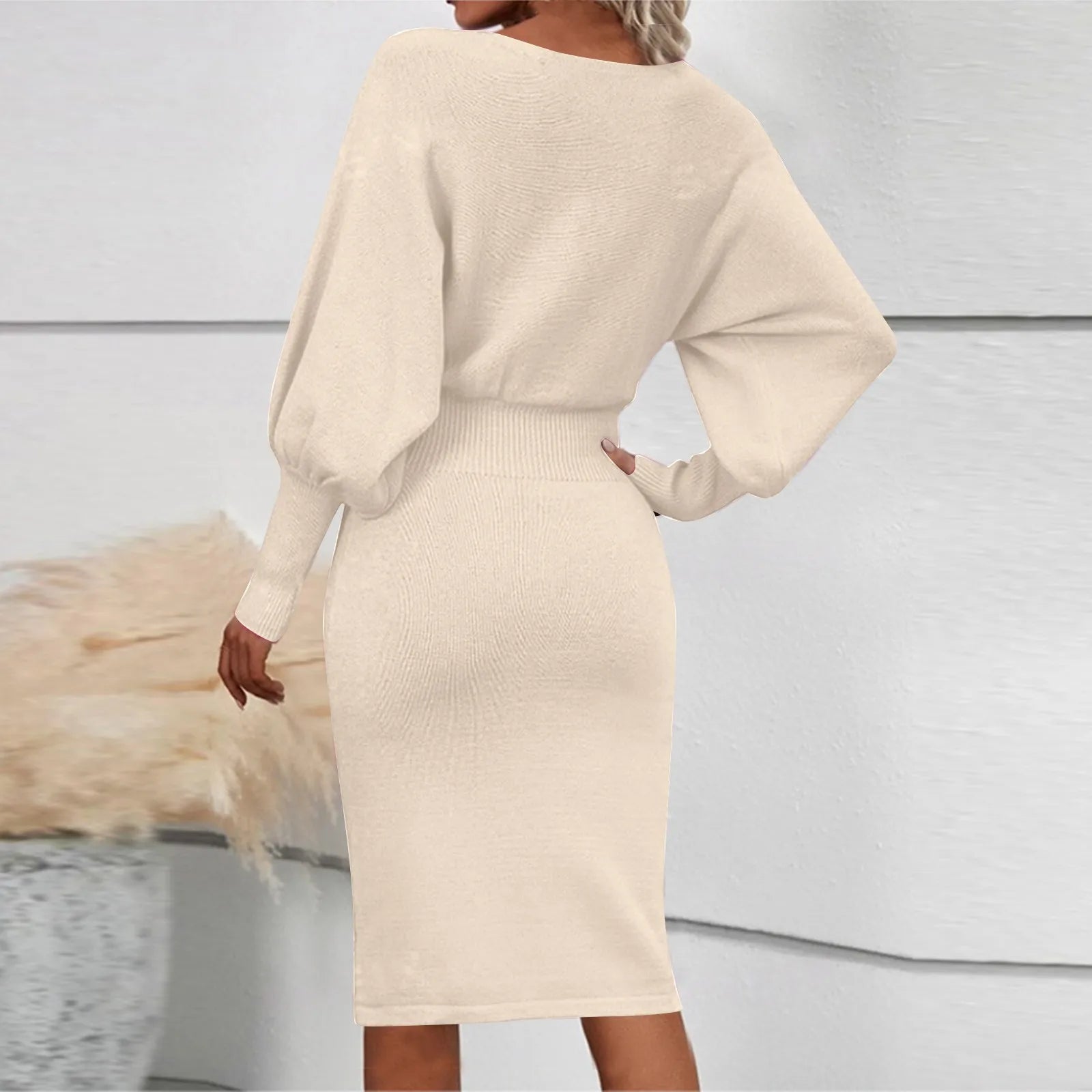 Women Dress Solid Color Knitted Dresses Woolen Round Neck Long Sleeved Waist Cinching Slimming Hip Hugging Midi Dress ropa mujer