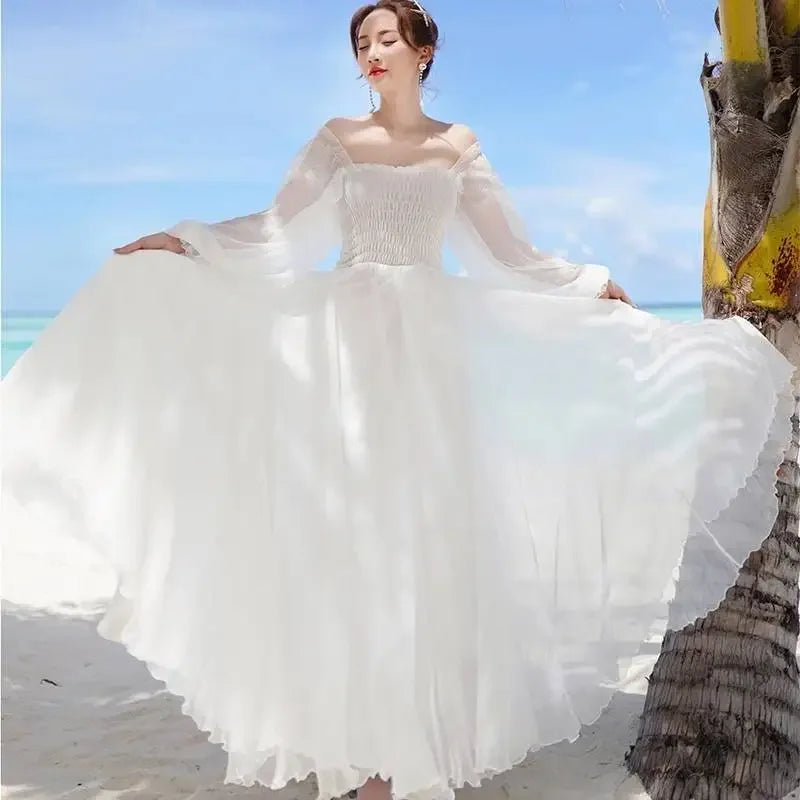 Dresses for Women Summer New Chiffon off-Shoulder Dress White Dress Vestido De Mujer
