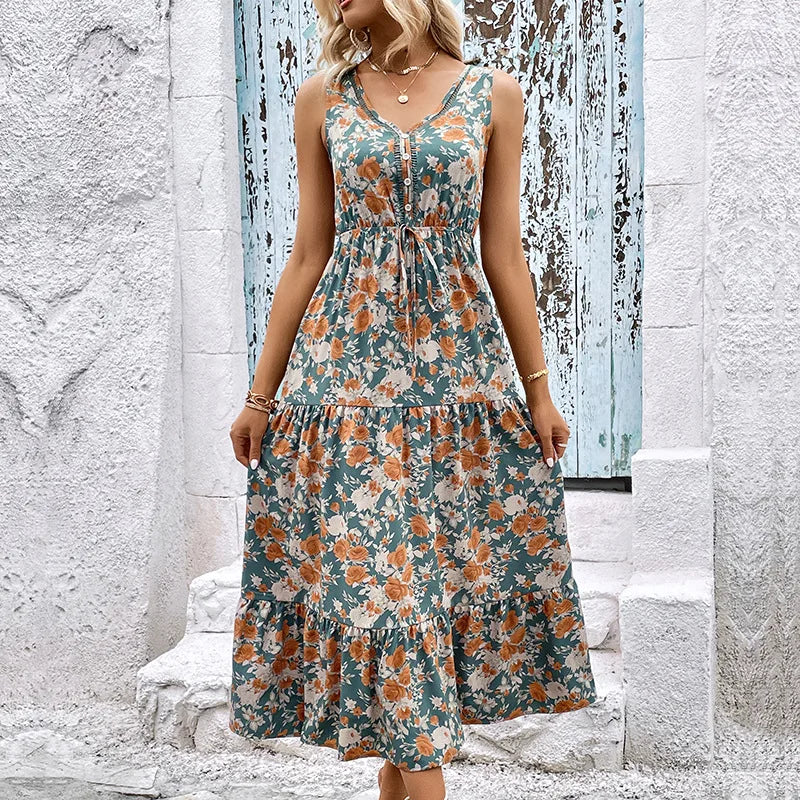 Elegant Floral Print Dress For Women Fashion  Bohemian Style Sleeveless Button Vestidos Female Casual V-neck A-line Dresses