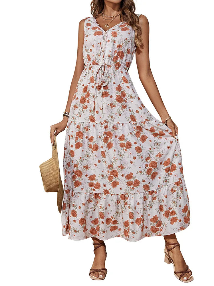 Elegant Floral Print Dress For Women Fashion  Bohemian Style Sleeveless Button Vestidos Female Casual V-neck A-line Dresses