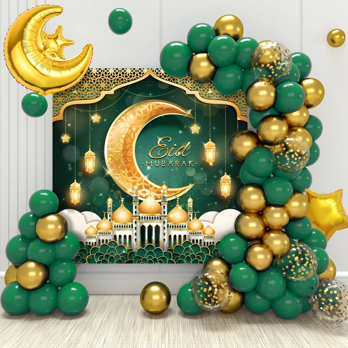 Eid Mubarak Green Gold Balloon Garland Arch Ramadan Kareem Decorations For Home 2025 Aid Moubarak Islamic Festival Party Decor