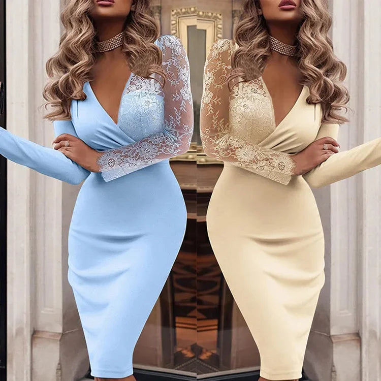 Evening Dresses for Women Spring Autumn Elegant Sexy Bodycon Dress Deep V-neck Long Sleeve Lace Formal Party Prom Gowns Vestidos