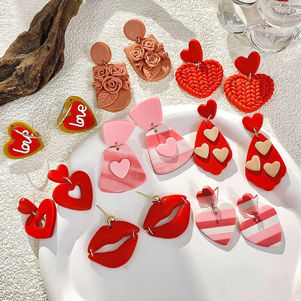 AENSOA Lightweight Sweet Red Pink Love Heart Lips Flower Polymer Clay Earrings for Women Girl Handmade Valentine's Day Jewelry