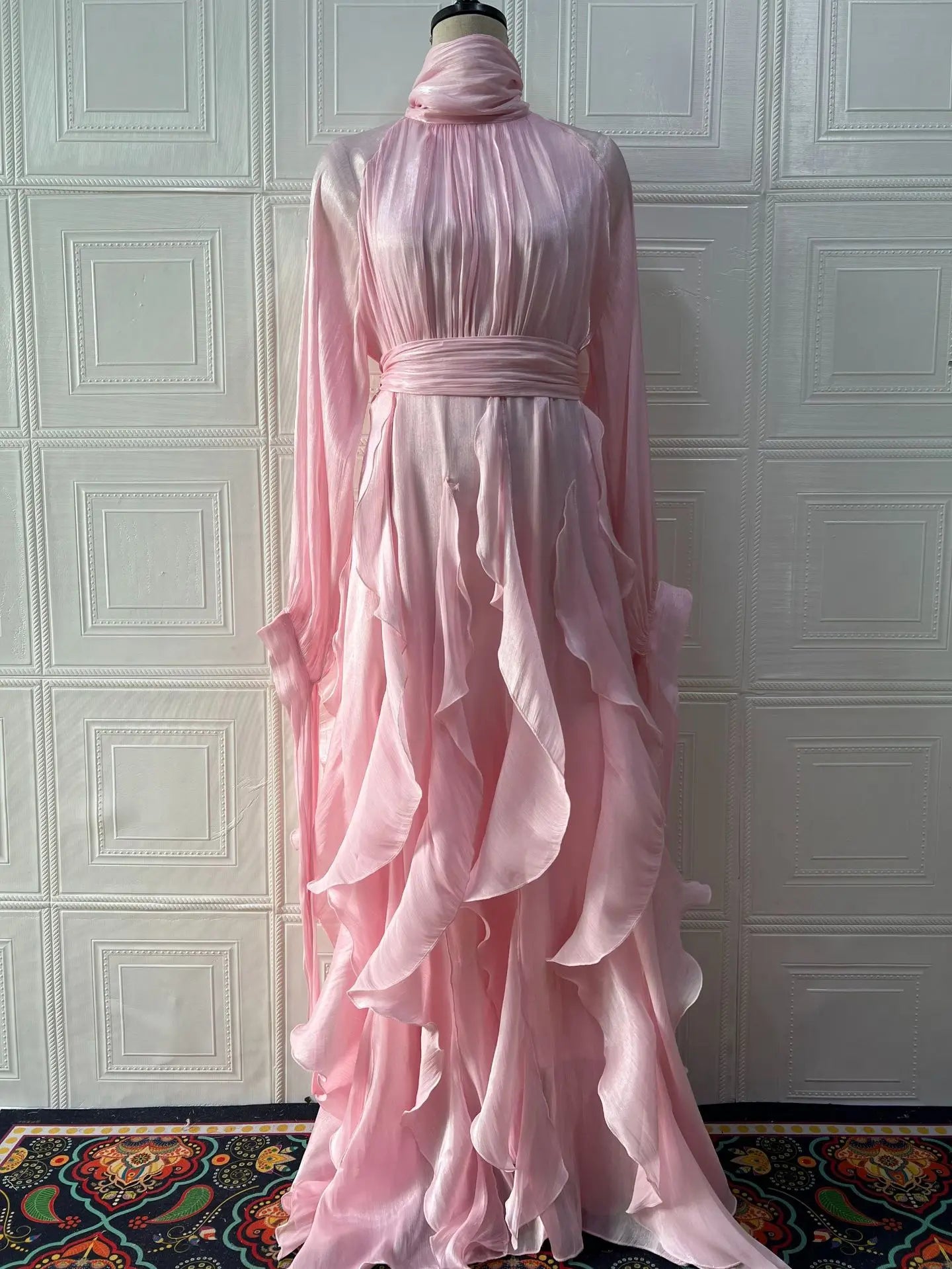 Women's Party Dresses Fashion High Waist Pleat Lady Casual High Collar Layered Banquet Dress Elegant Long Sleeve Evening Dress