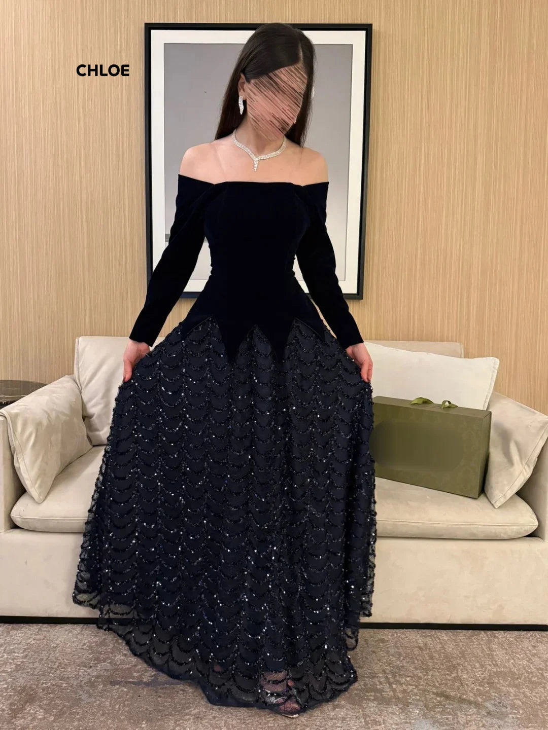Black Women's Evening Dress for Elegant Party Customized Formal Occasion Dresses for Special Occasions Line A Long Sleeves Shiny