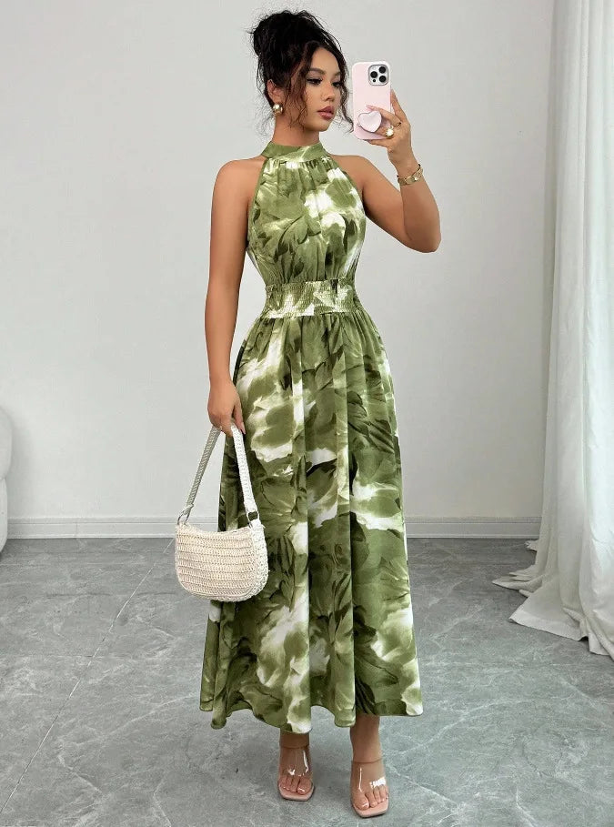 Women's Dress Fashion Print Spring Summer New Elegant Holiday Beach Dress Stand Collar Midi Sleeveless Dresses For Women Vestido