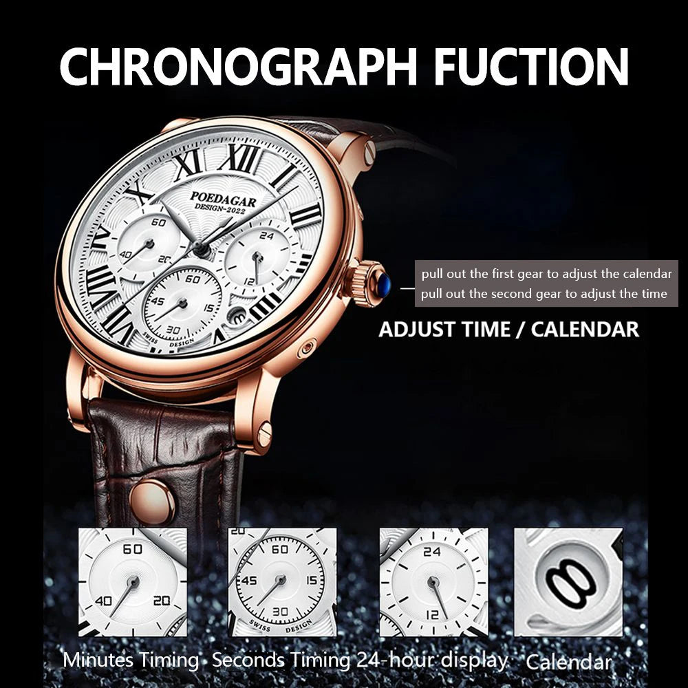 POEDAGAR Top Luxury Watches For Men Chronograph Date Man Quartz Watch Waterproof Leather Fashion Business Men's Wristwatch Reloj