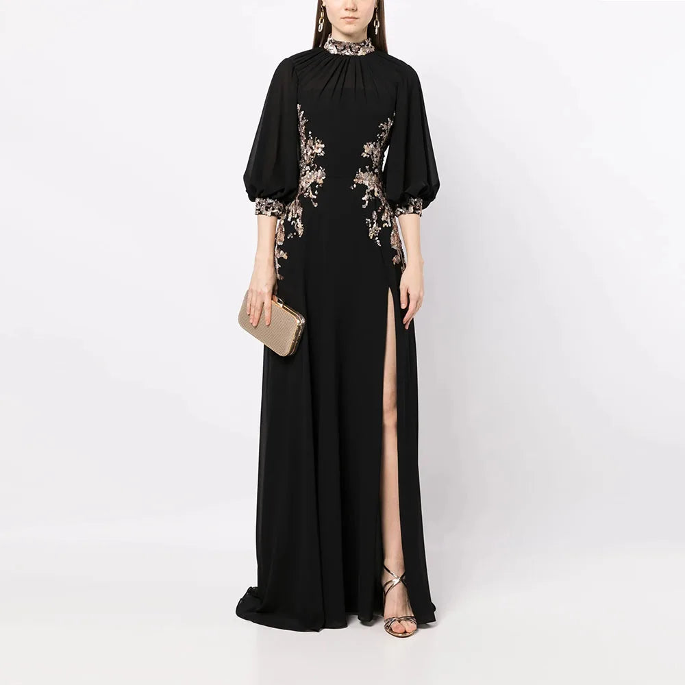 Modern Black Women's Evening Gown A Line Floor Length Formal Party Dress 3/4 Sleeves Saudi Dress Appliques Slit Prom Dress