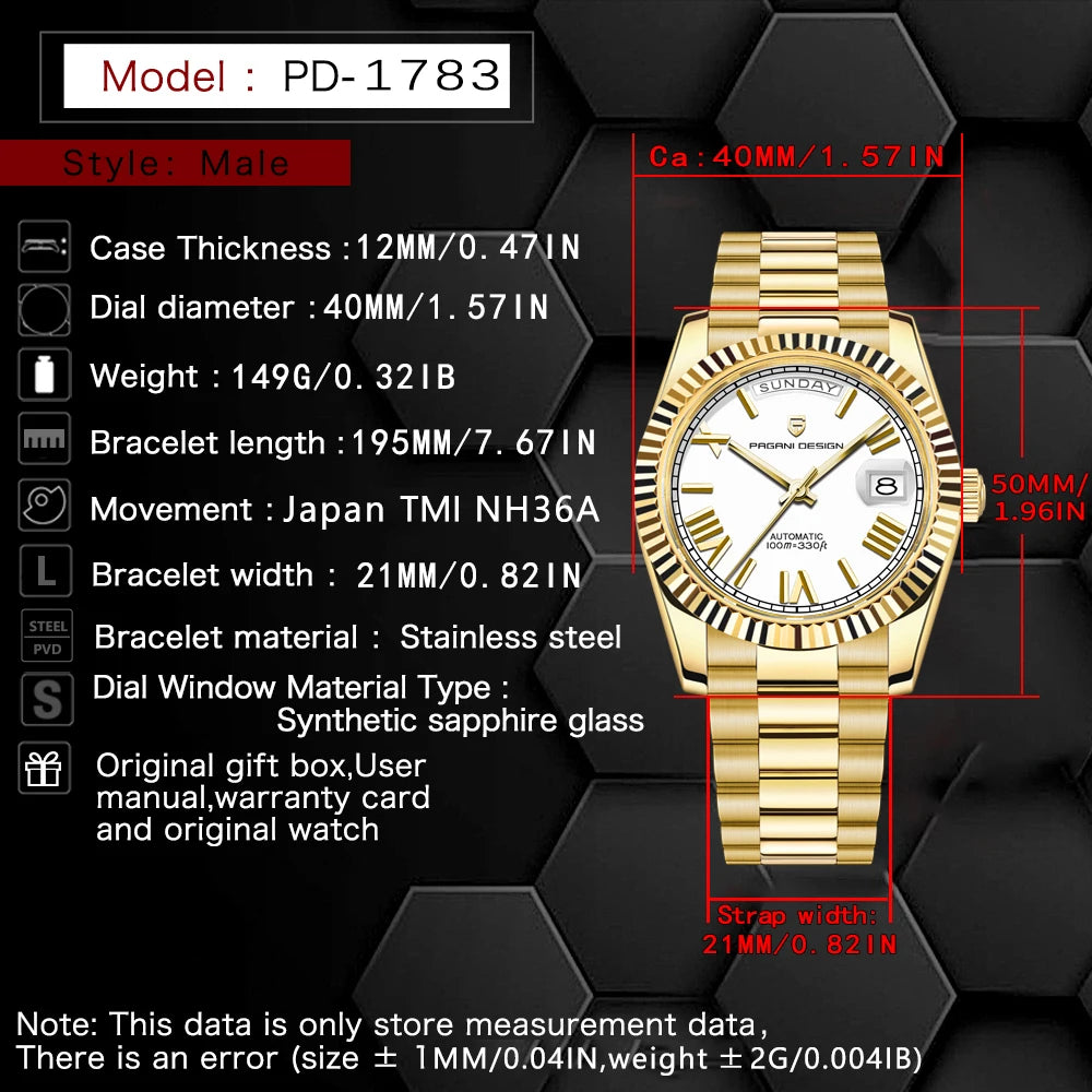 PAGANI DESIGN DD40 Gold White Date Week Luxury Automatic Watches Men TMI NH36A AR Sapphire crystal Mechanical Wristwatch For Men