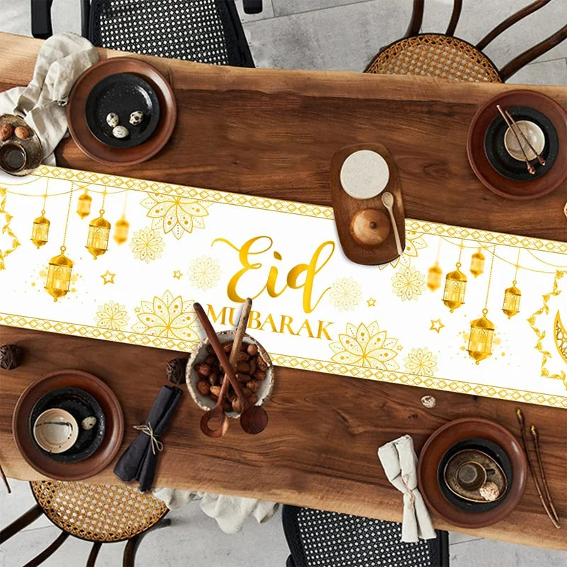 Ramadan Mubarak Star Moon Linen Table Runner Party Decor Reusable Eid Mubarak  Kitchen Dining Table Runner Ramadan Decorations