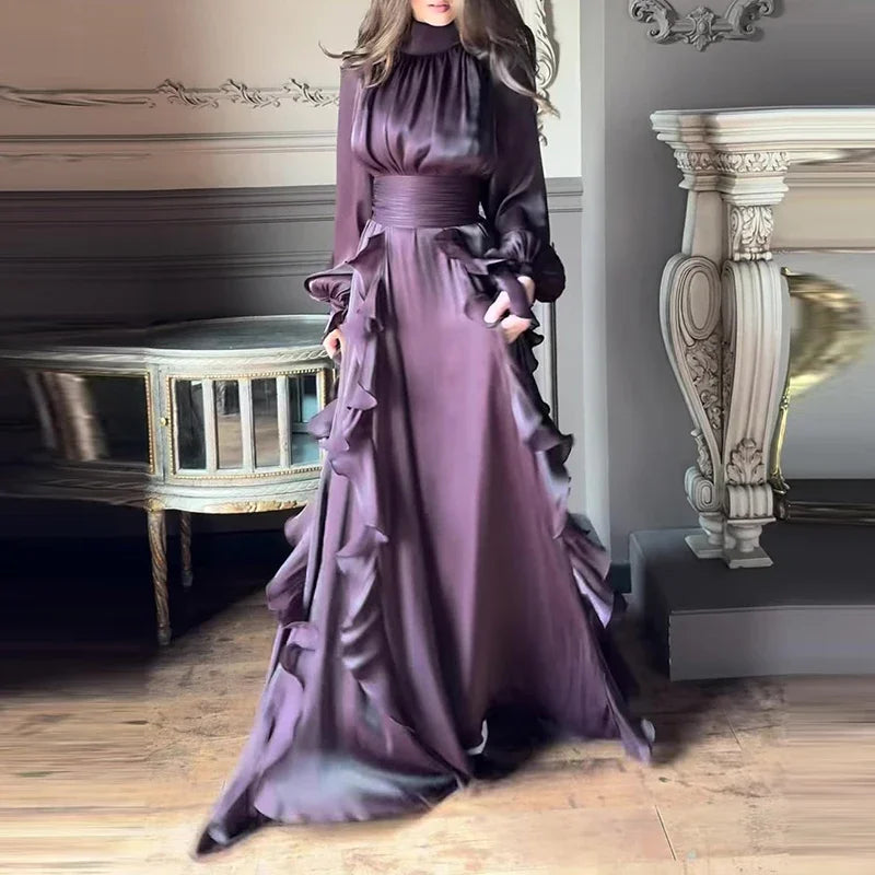 Women's Party Dresses Fashion High Waist Pleat Lady Casual High Collar Layered Banquet Dress Elegant Long Sleeve Evening Dress