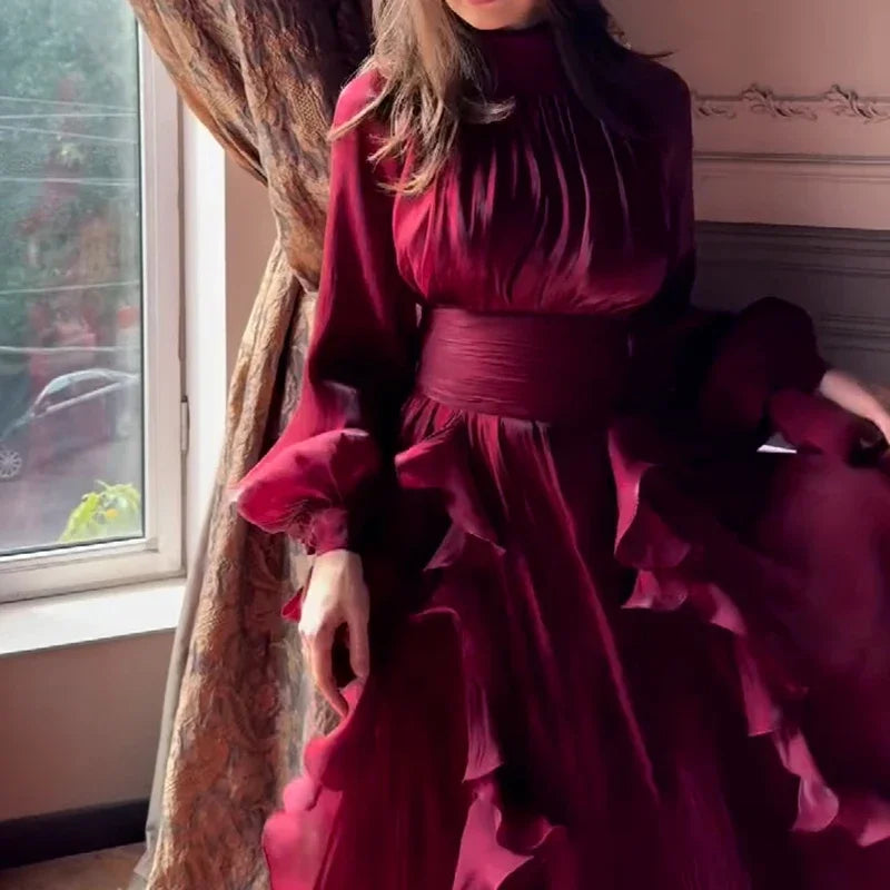 Women's Party Dresses Fashion High Waist Pleat Lady Casual High Collar Layered Banquet Dress Elegant Long Sleeve Evening Dress