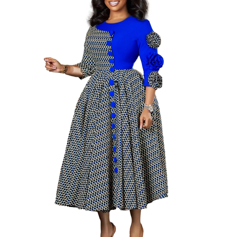 Elegant Dresses for Women 2025 Fall Fashion African 3/4 Sleeve Party Birthday New Robe Chic 3D Flower Plaid Evening A-Line Dress