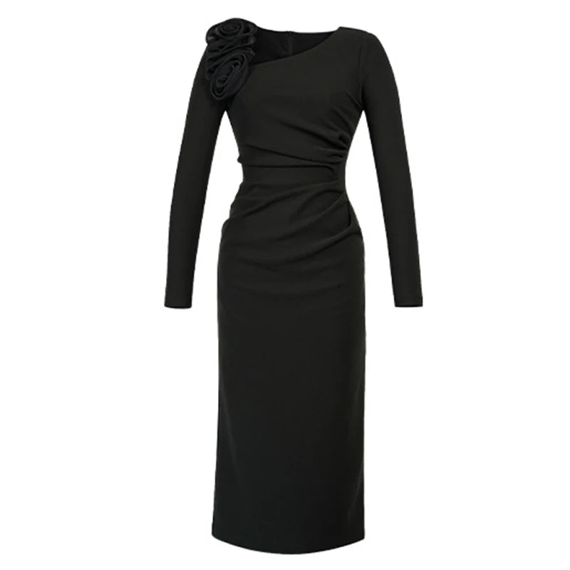 Banquet Dress for Women Elegant Sweet 3D Flower Bodycon Midi Robe Female Party Prom Vestidos Evening Gown Lady