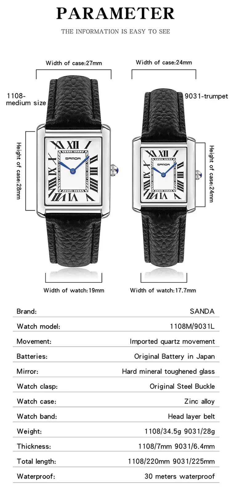 SANDA 9031/1108 Luxury Couple Quartz Watches for Men & Women, Waterproof Sport Casual Watch, Scratch Resistant Leather Strap