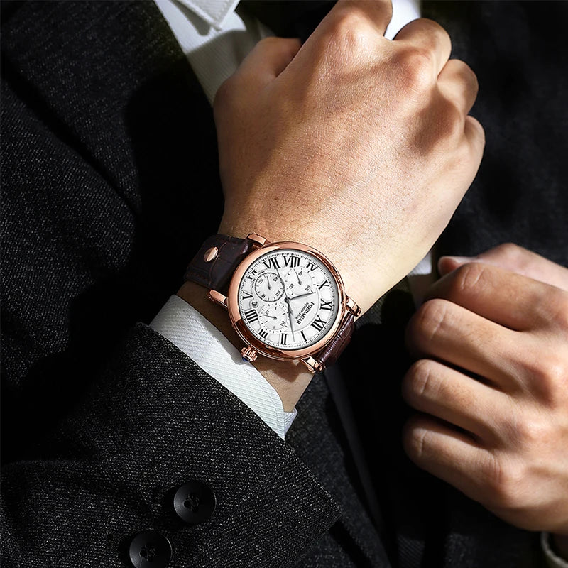 POEDAGAR Top Luxury Watches For Men Chronograph Date Man Quartz Watch Waterproof Leather Fashion Business Men's Wristwatch Reloj