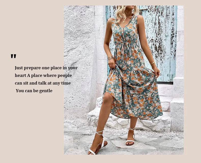Elegant Floral Print Dress For Women Fashion  Bohemian Style Sleeveless Button Vestidos Female Casual V-neck A-line Dresses