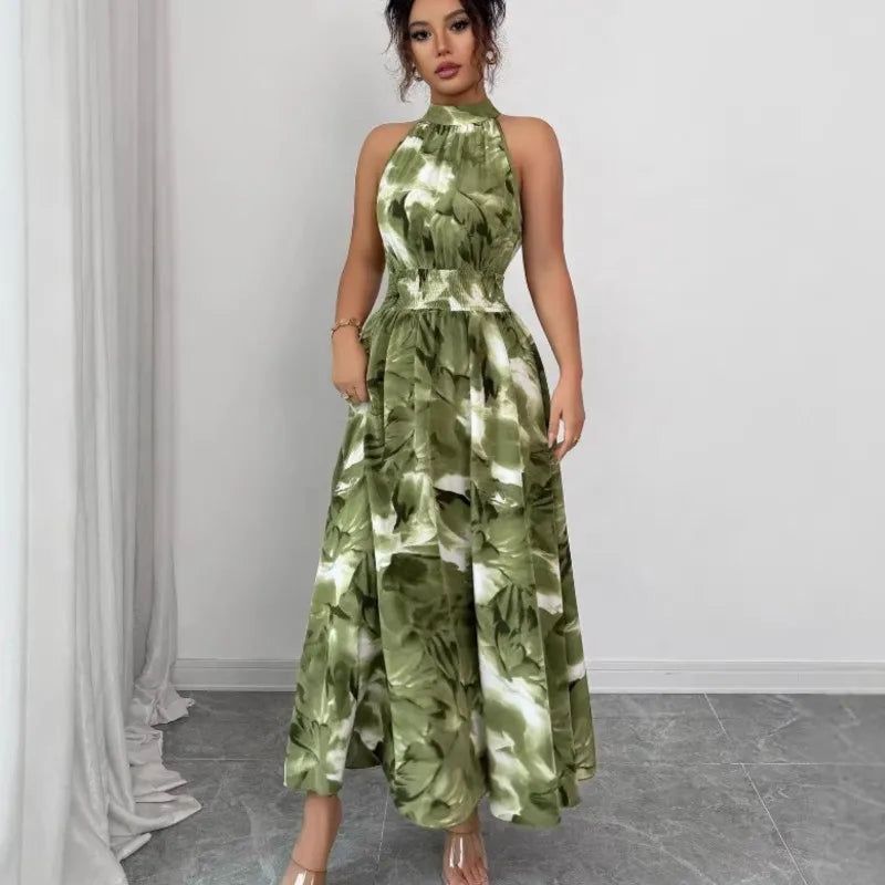 Women's Dress Fashion Print Spring Summer New Elegant Holiday Beach Dress Stand Collar Midi Sleeveless Dresses For Women Vestido
