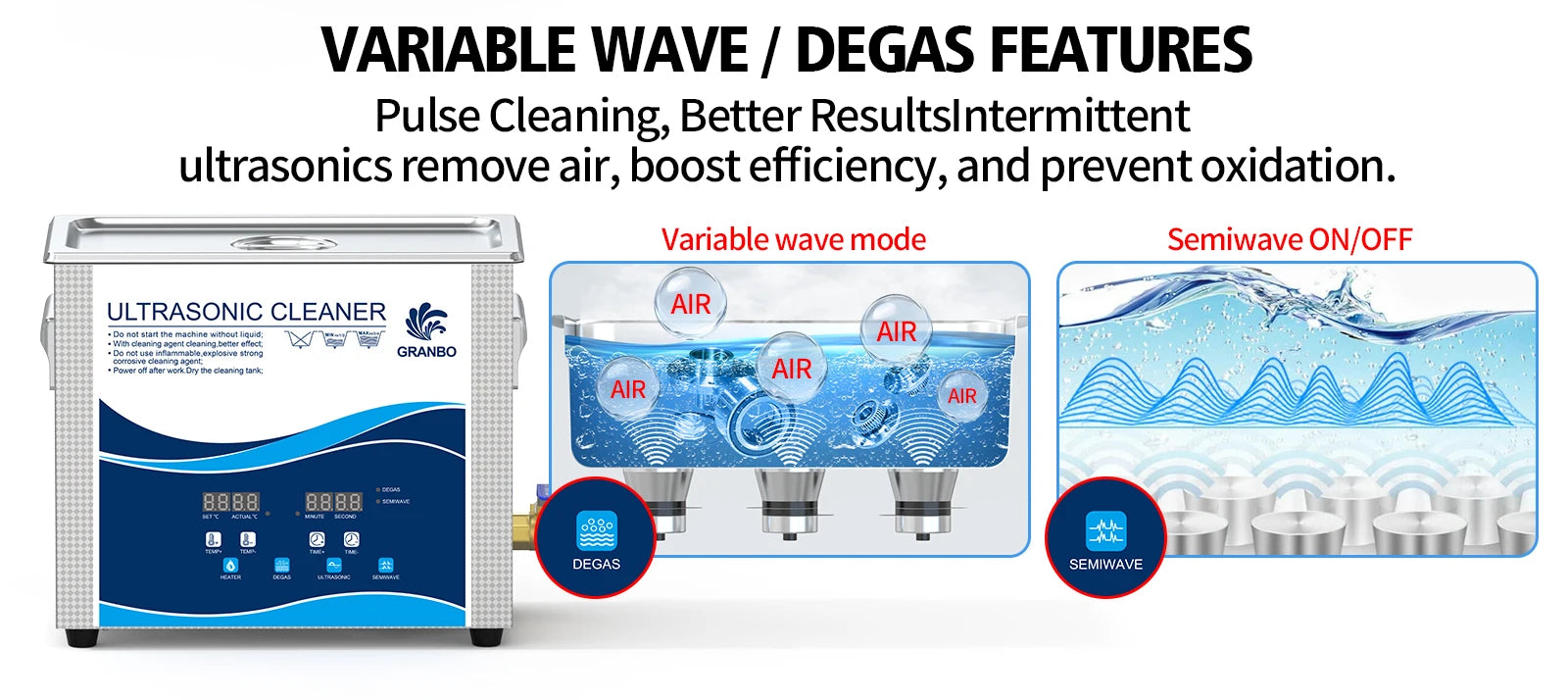 Granbosonic 30L Ultrasonic Cleaner 600W-900W 40KHz Cleanig Machine Digital Heater Degas Semiwave for Car Engine Soft Steak Lab