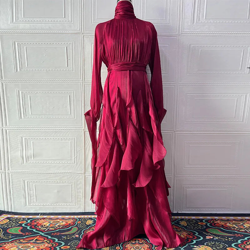 Women's Party Dresses Fashion High Waist Pleat Lady Casual High Collar Layered Banquet Dress Elegant Long Sleeve Evening Dress