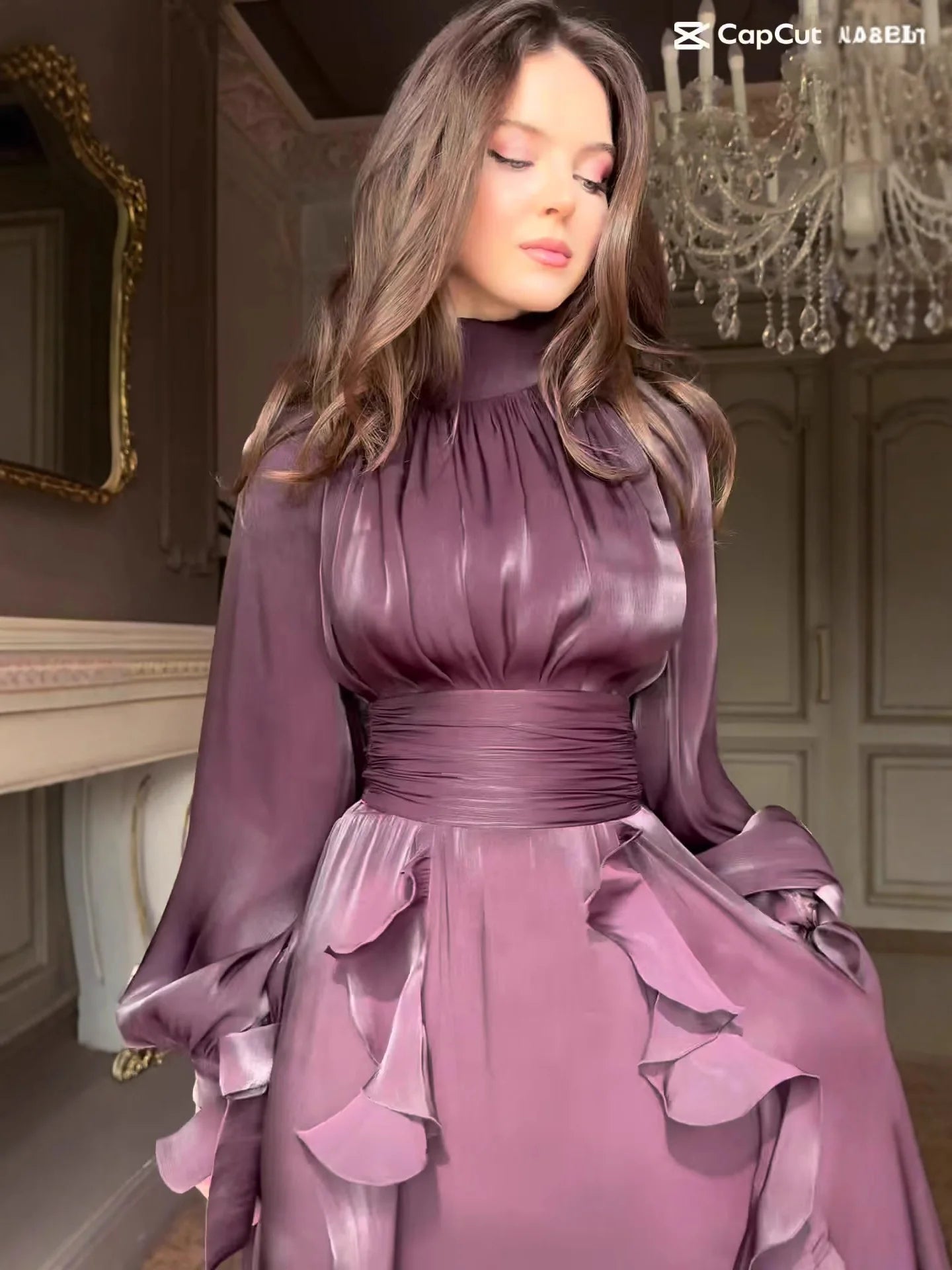 Women's Party Dresses Fashion High Waist Pleat Lady Casual High Collar Layered Banquet Dress Elegant Long Sleeve Evening Dress
