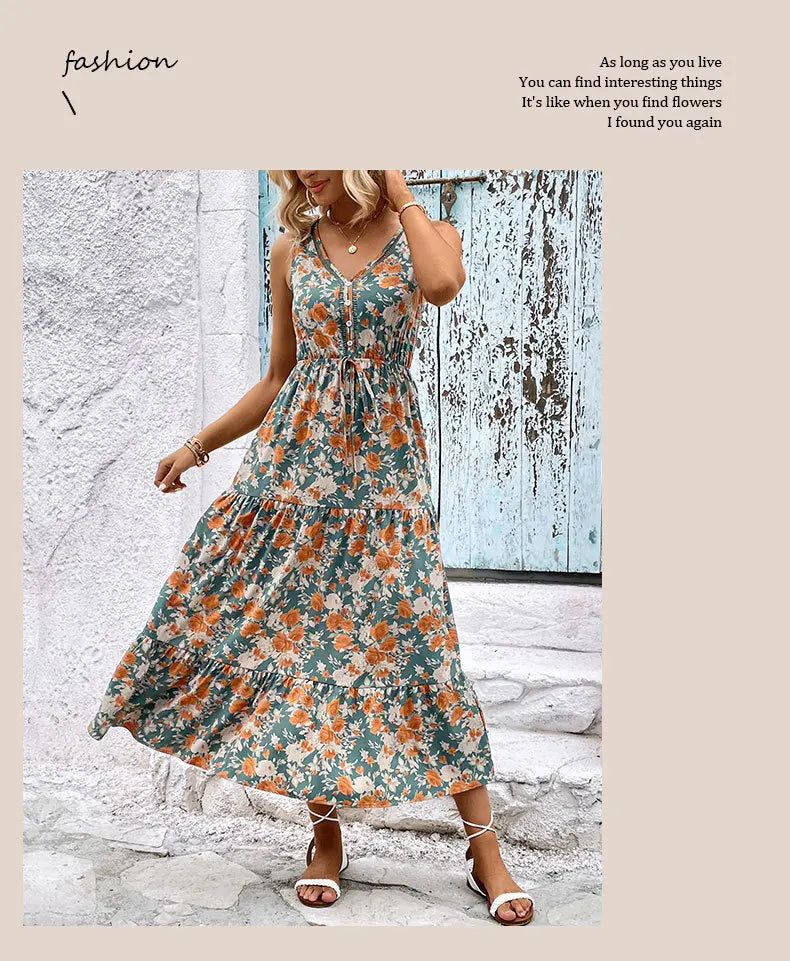 Elegant Floral Print Dress For Women Fashion  Bohemian Style Sleeveless Button Vestidos Female Casual V-neck A-line Dresses