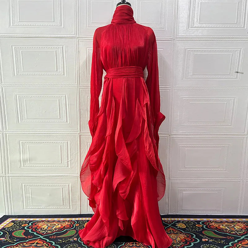 Women's Party Dresses Fashion High Waist Pleat Lady Casual High Collar Layered Banquet Dress Elegant Long Sleeve Evening Dress