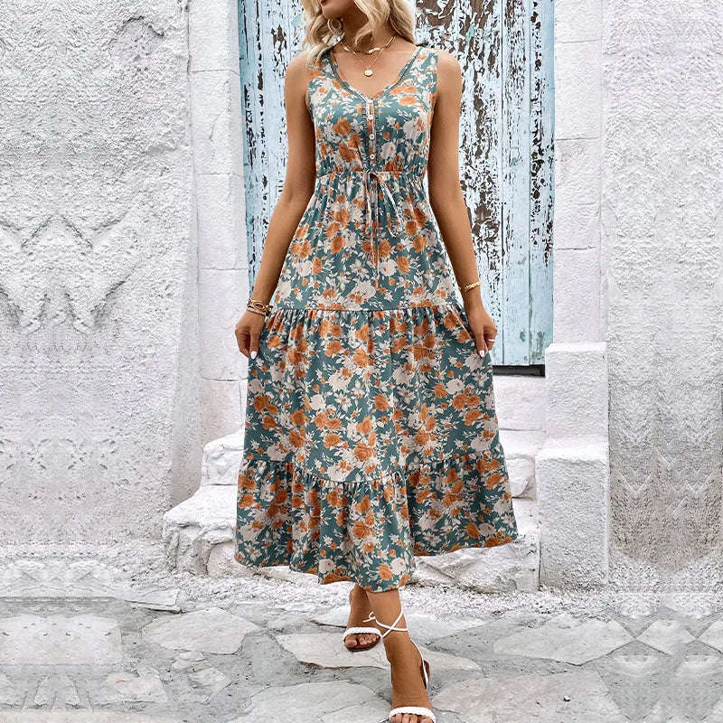 Elegant Floral Print Dress For Women Fashion  Bohemian Style Sleeveless Button Vestidos Female Casual V-neck A-line Dresses
