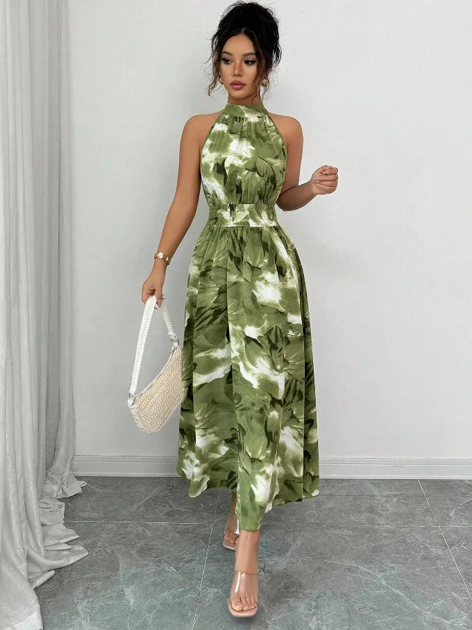 Women's Dress Fashion Print Spring Summer New Elegant Holiday Beach Dress Stand Collar Midi Sleeveless Dresses For Women Vestido