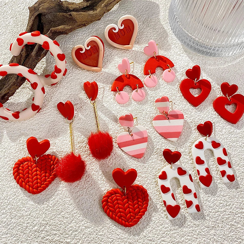 AENSOA Lightweight Sweet Red Pink Love Heart Lips Flower Polymer Clay Earrings for Women Girl Handmade Valentine's Day Jewelry