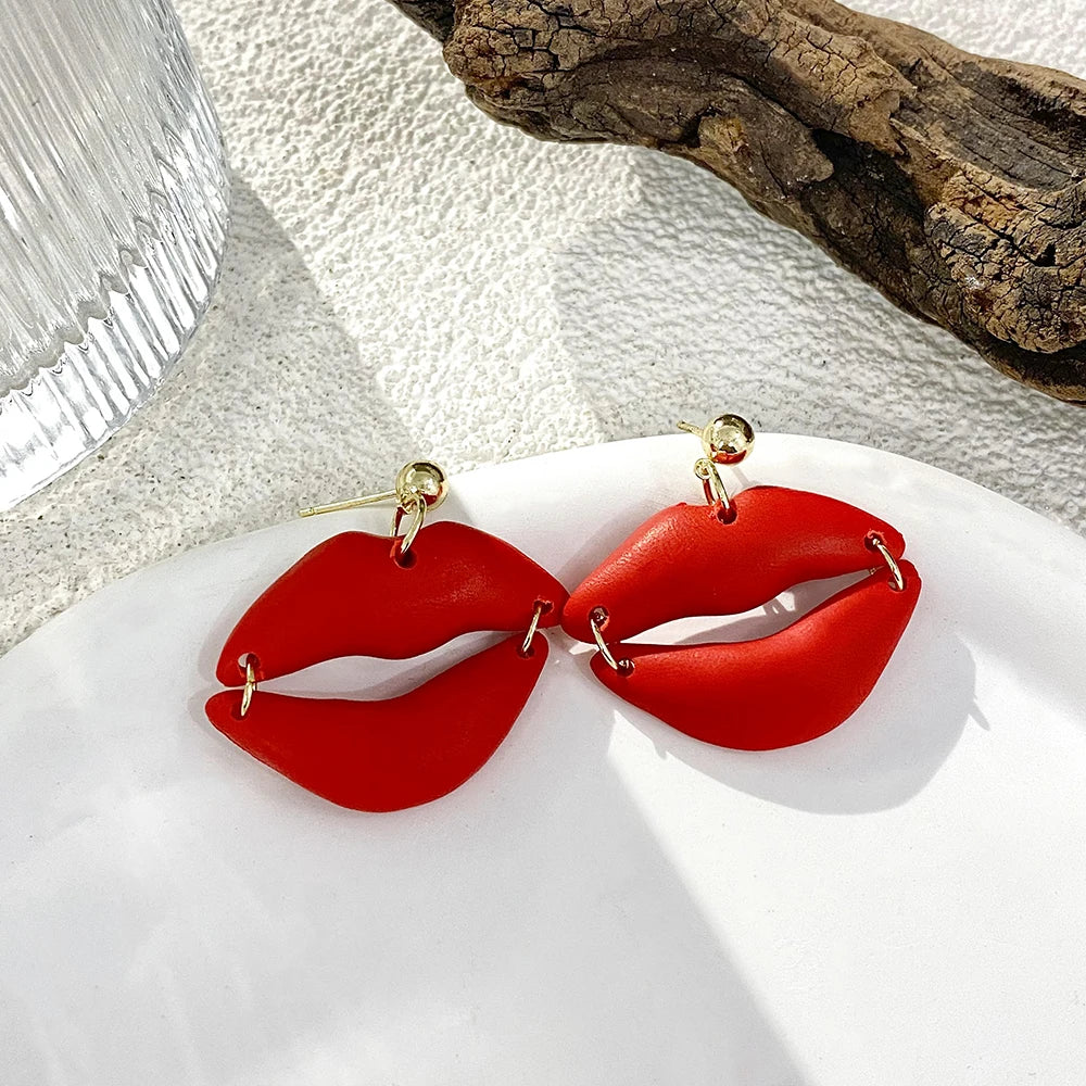 AENSOA Lightweight Sweet Red Pink Love Heart Lips Flower Polymer Clay Earrings for Women Girl Handmade Valentine's Day Jewelry