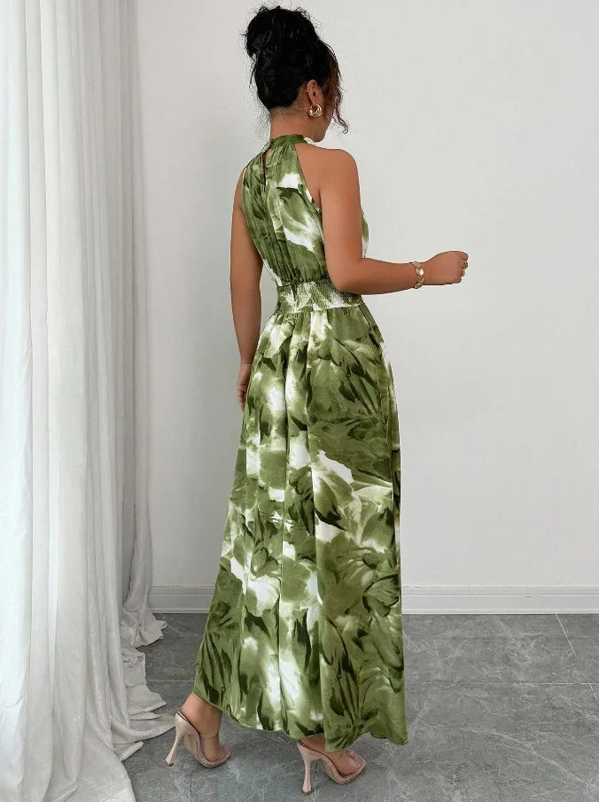 Women's Dress Fashion Print Spring Summer New Elegant Holiday Beach Dress Stand Collar Midi Sleeveless Dresses For Women Vestido