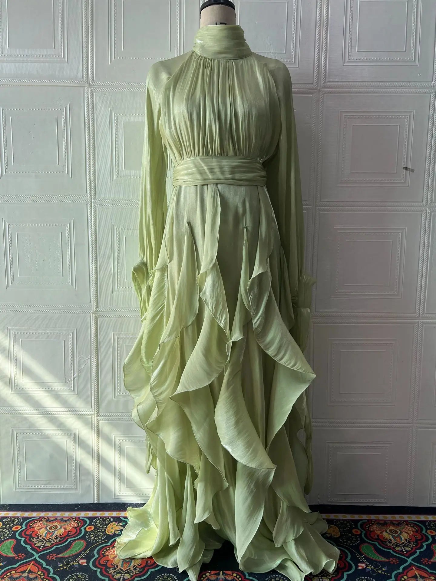 Women's Party Dresses Fashion High Waist Pleat Lady Casual High Collar Layered Banquet Dress Elegant Long Sleeve Evening Dress
