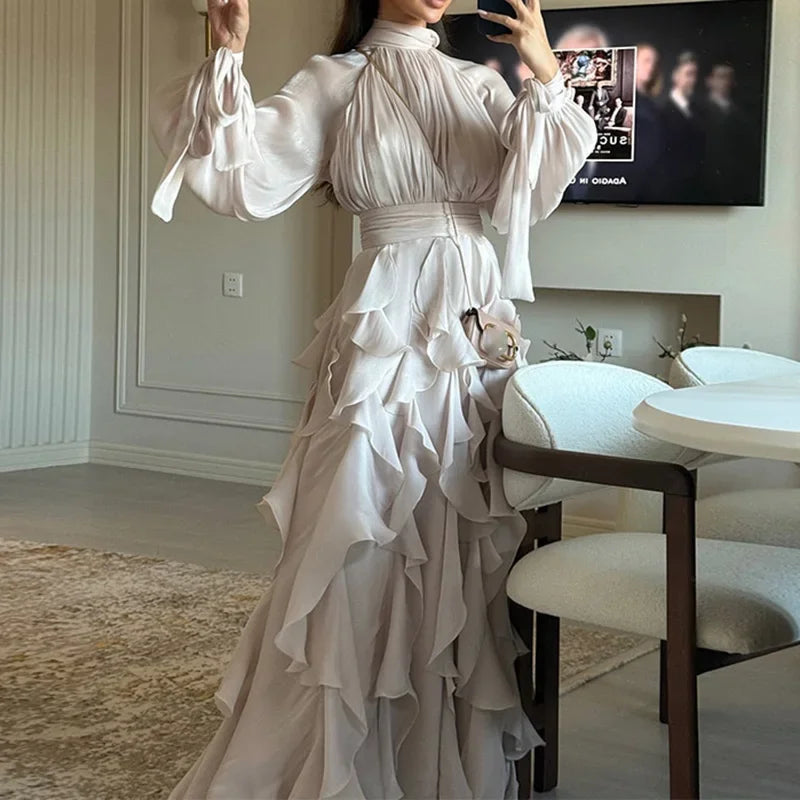 Women's Party Dresses Fashion High Waist Pleat Lady Casual High Collar Layered Banquet Dress Elegant Long Sleeve Evening Dress