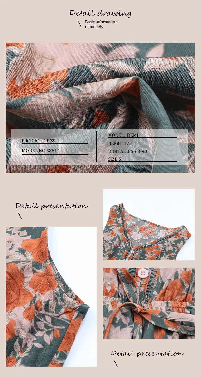 Elegant Floral Print Dress For Women Fashion  Bohemian Style Sleeveless Button Vestidos Female Casual V-neck A-line Dresses
