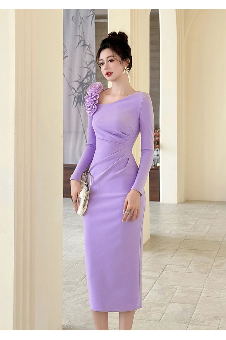 Banquet Dress for Women Elegant Sweet 3D Flower Bodycon Midi Robe Female Party Prom Vestidos Evening Gown Lady