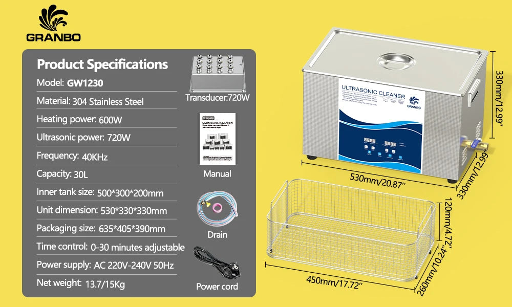 Granbosonic 30L Ultrasonic Cleaner 600W-900W 40KHz Cleanig Machine Digital Heater Degas Semiwave for Car Engine Soft Steak Lab